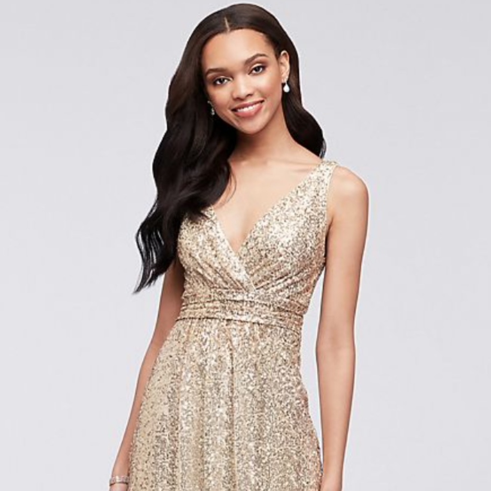 David’s Bridal Sequin V-Neck Bridesmaid Dress with Empire Waist